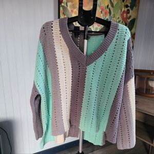 POL Striped Gray and Blue Women's Sweater